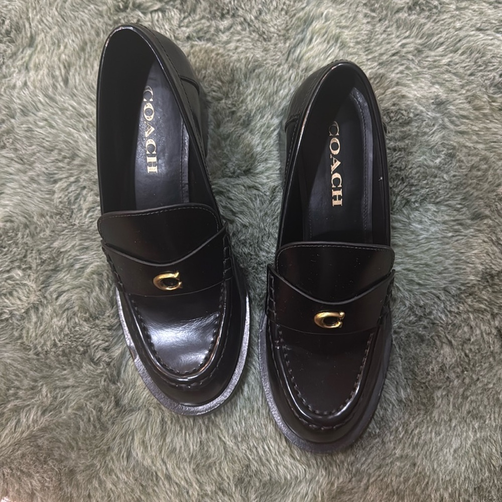 Coach Glossy Black Heels with Gold Accent